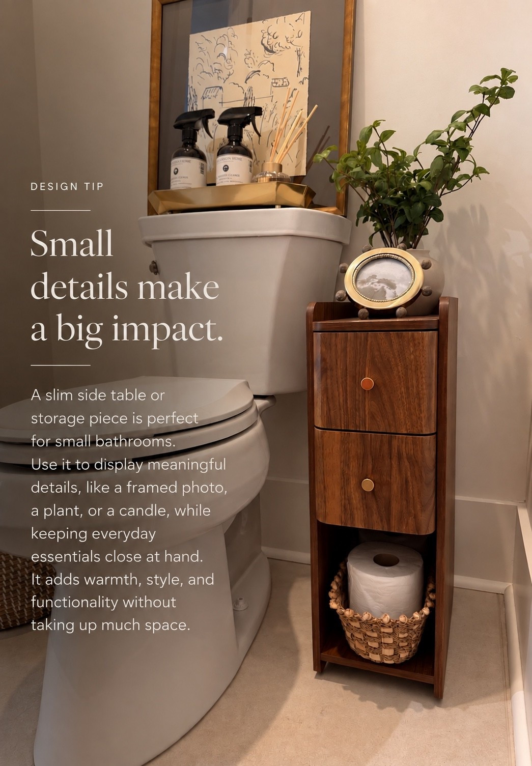 Small bathrooms can still feel beautifully styled and functional 🤎 A slim storage piece adds warmth without taking up too much space, while thoughtful accents like greenery, a framed photo, and woven textures make the room feel collected and intentional.

#BathroomDecor #SmallBathroom #BathroomStorage #InteriorStyling #HomeDecor

#LTKHome #LTKvlog