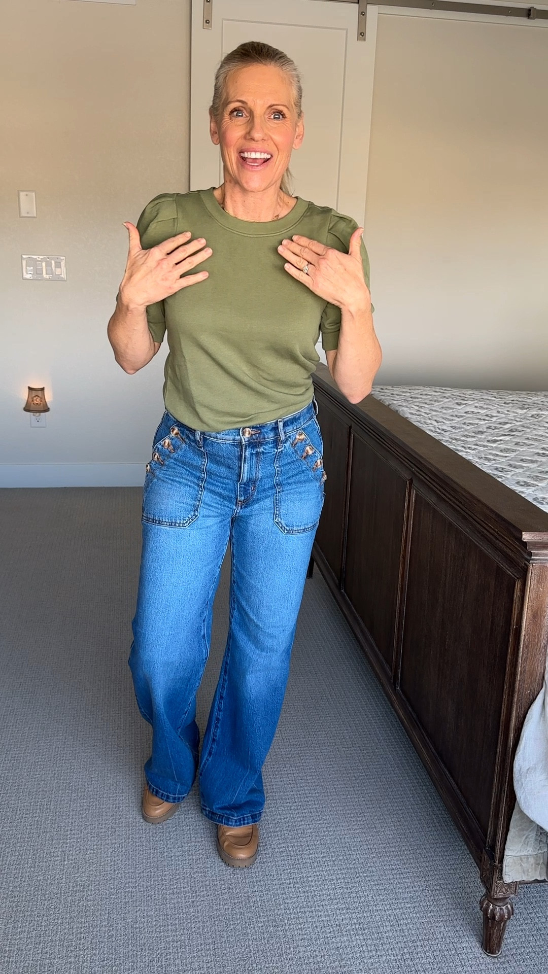 Wide leg Jean, sailor button pocket, neutral loafer, puff sleeve shirt
#loft 

#LTKover40 #LTKfindsunder100