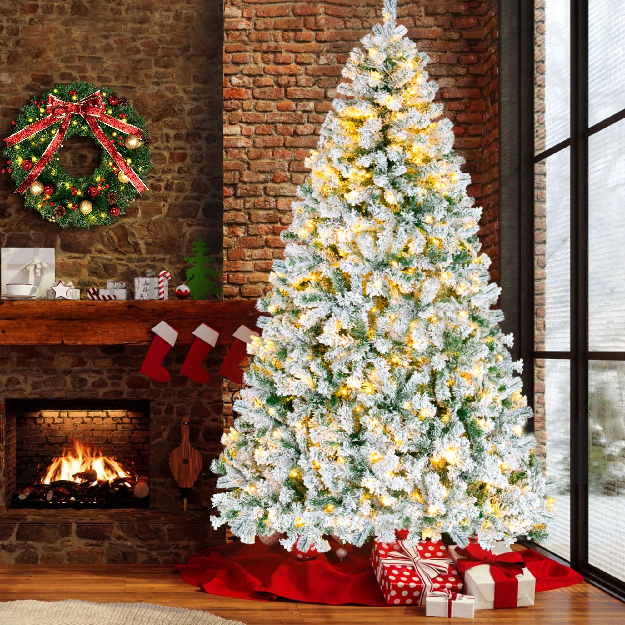iFanze 7ft Pre-Lit Snow Flocked Christmas Tree with 300 Lights 1200 Tips, Hinged Artificial Holid... | Walmart (US)