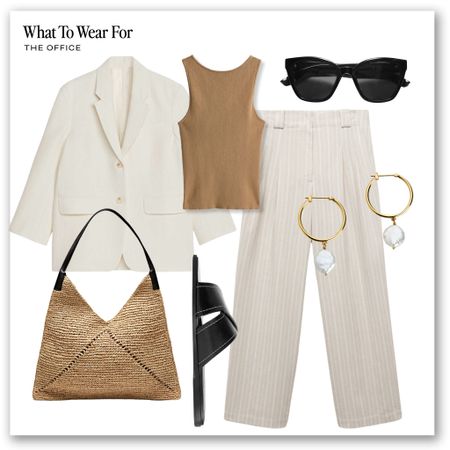 Neutral blazers for summer 🤍

Striped linen trousers, beige tank, straw bag, linen blazer, black sandals, workwear, casual office outfit 

#LTKeurope #LTKworkwear #LTKsummer