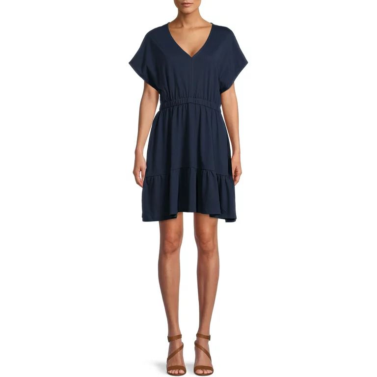 Time and Tru Women's  Short Sleeve Knit V-Neck Dress | Walmart (US)