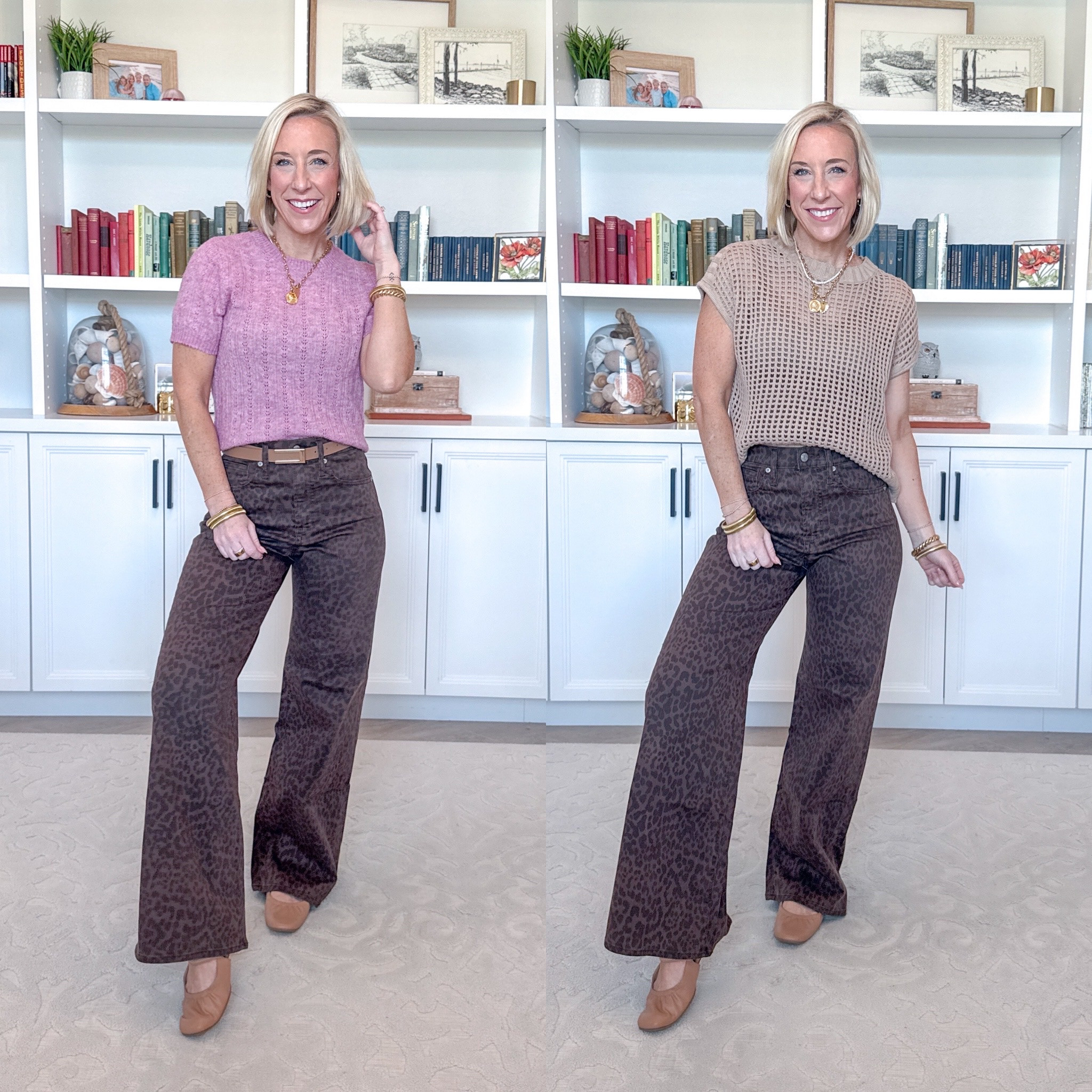 Leopard Jean - 1 pair - 6 easy outfits. High Rise Leopard Print Wide-Leg Jeans - I’m wearing a size 25, regular length, but I want to order the size 25 (wasn’t in store) and in the short length. Currently 60% off PLUS an extra 10% off in cart! (now $32.40!). Short Sleeve Pointelle Crewneck Sweater - size small. $25. Crochet Cap Sleeve Sweater - size small. 

 

#LTKootd #LTKOver40 #LTKSaleAlert