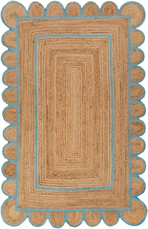 Jute Rug, Sky Blue Color Border Jute Rugs Handmade Rugs Scallop Boho Decor Handmade Rug by DURRIE... | Amazon (US)