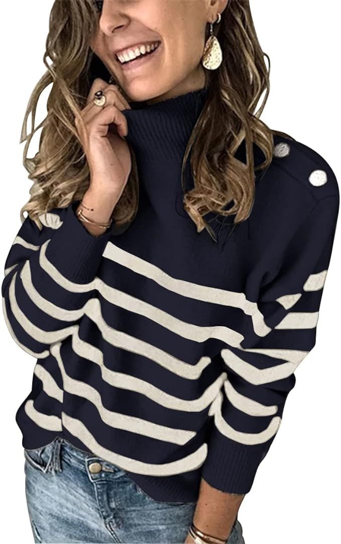KIRUNDO 2022 Fall Winter Women’s Long Sleeves Knit Sweater Turtleneck Striped Loose Pullover To... | Amazon (US)