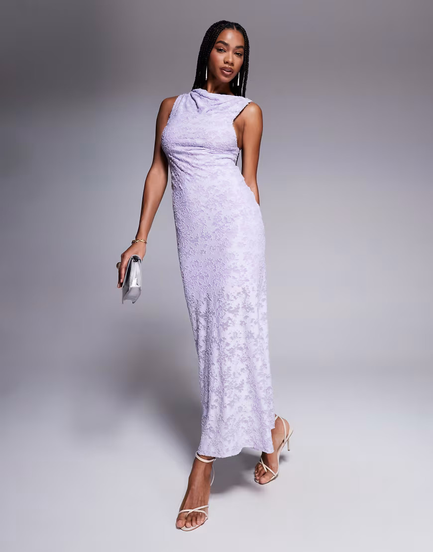 ASOS DESIGN – Maxikleid in Flieder mit Ausbrennermuster und verdrehter Schulterpartie-Lila | ASOS (Global)