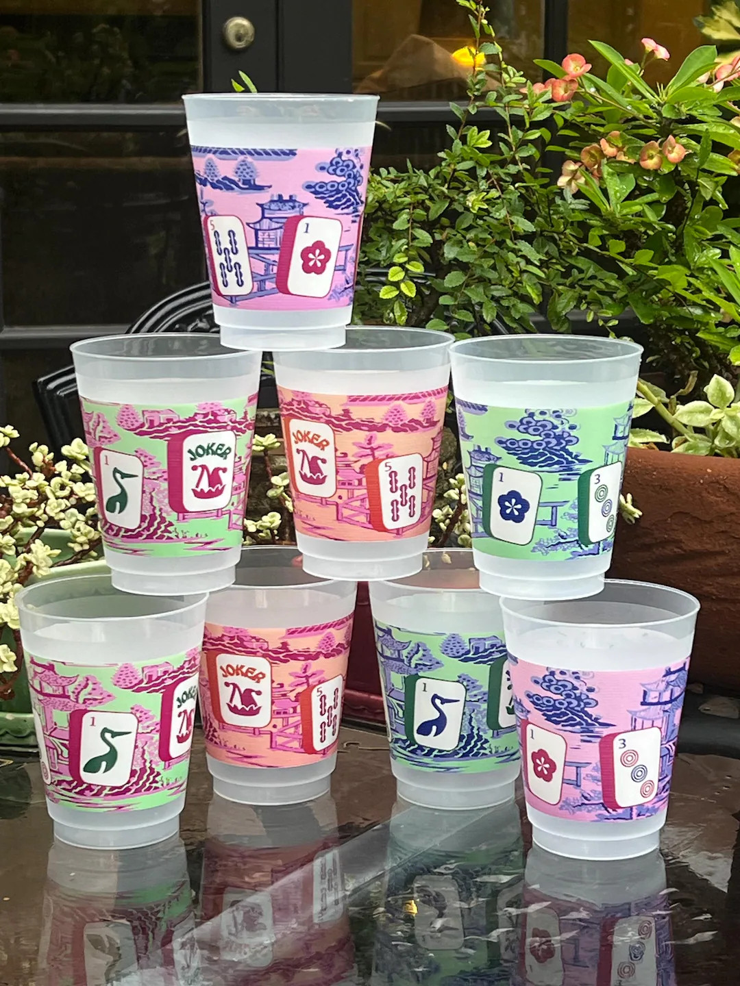 Mahjong Tiles FrostFlex Cups: Chinoiserie Pagodas, 16 oz, Set of 8 | Etsy (US)