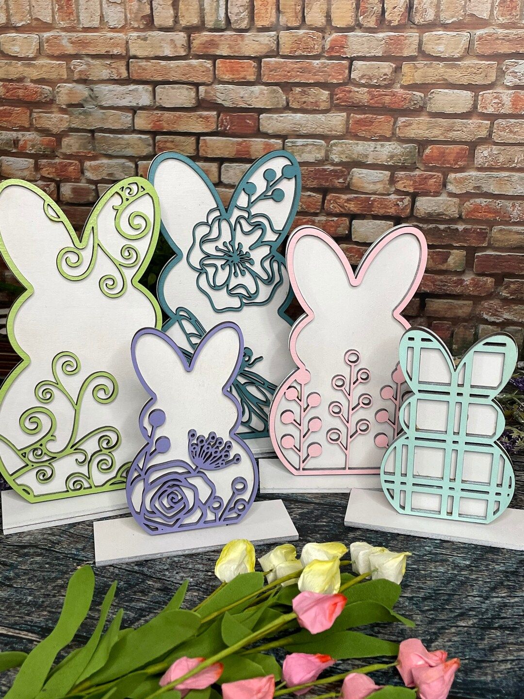 NEW! Set of 5 bunny shelf sitters, Easter Decor, Spring Tiered Tray, Spring Decor, Seasonal Tiere... | Etsy (US)
