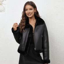 Fuzzy Trim Zipper PU Leather Jacket | SHEIN