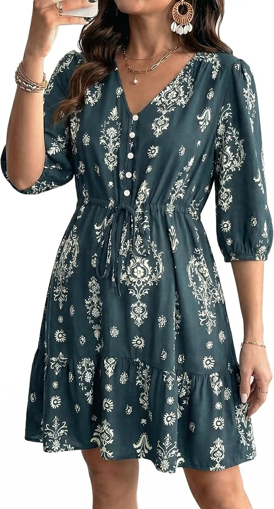 BLENCOT Women's Casual V Neck Button Down Half Long Sleeve Boho Flowy Floral Printed Mini Dress S... | Amazon (US)