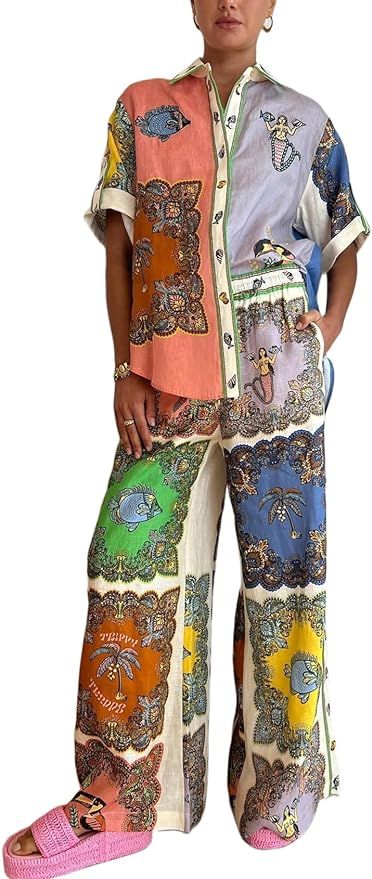 Womens Summer Print 2 Piece Linen Sets Boho Short Sleeve Button Shirt Wide Leg Pants Outfits Paja... | Amazon (US)