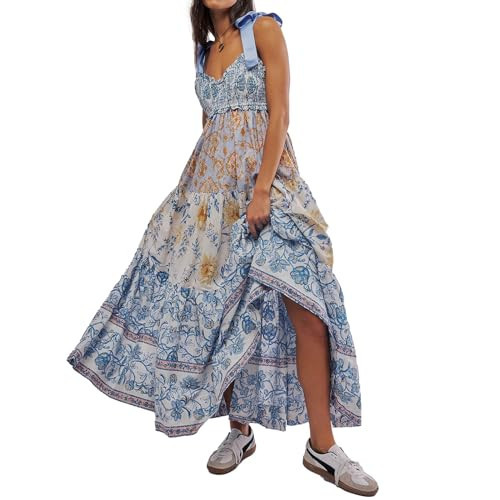 ABYOVRT Women Floral Maxi Dress Tie Shoulder Patchwork Smocked Flowy Boho Dress with Pockets Summ... | Amazon (US)