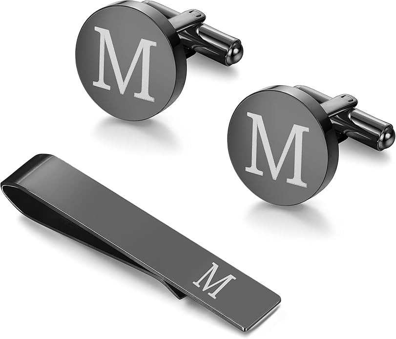LOYALLOOK Black Initial Cufflinks and Tie Clip Set for Men Personalized Copper Cuff Links and Tie... | Amazon (US)