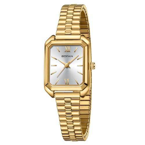 BOFAN Vintage Square Small Gold Watches for Women Easy Read Ladies Quartz Wrist Watch with Stainless Steel Expansion Band,Silver Dial,Water Resistant.（5.90in-6.69in） | Amazon (US)