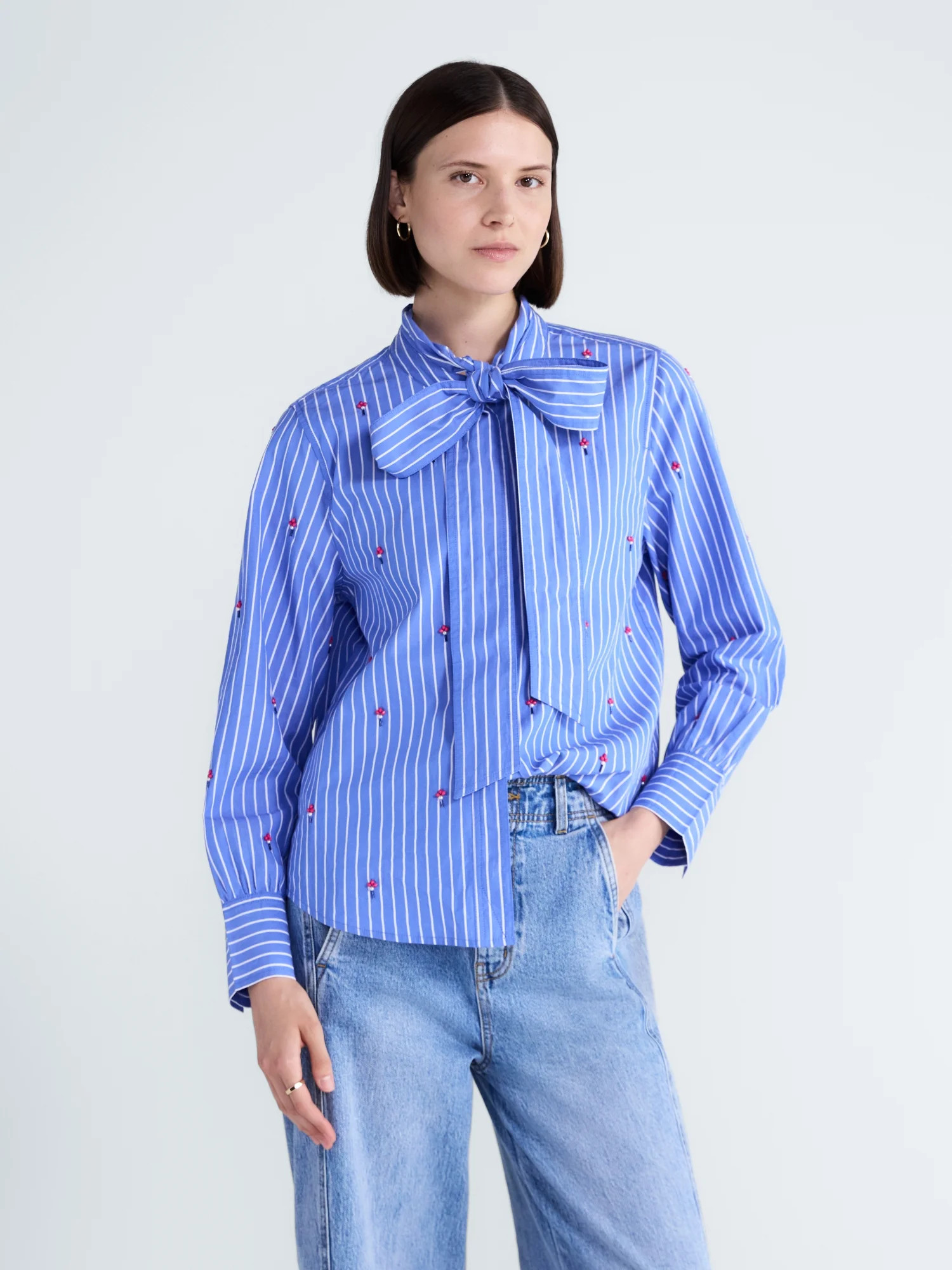 Free Assembly Women's and Women's Plus Beaded Tie Neck Cotton Shirt with Long Sleeves, Sizes XS-4... | Walmart (US)