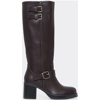 Honda Double Buckle Detail Block Heel Knee High Boot In Brown Faux Leather, Women's Size UK 5 | EGO (UK)