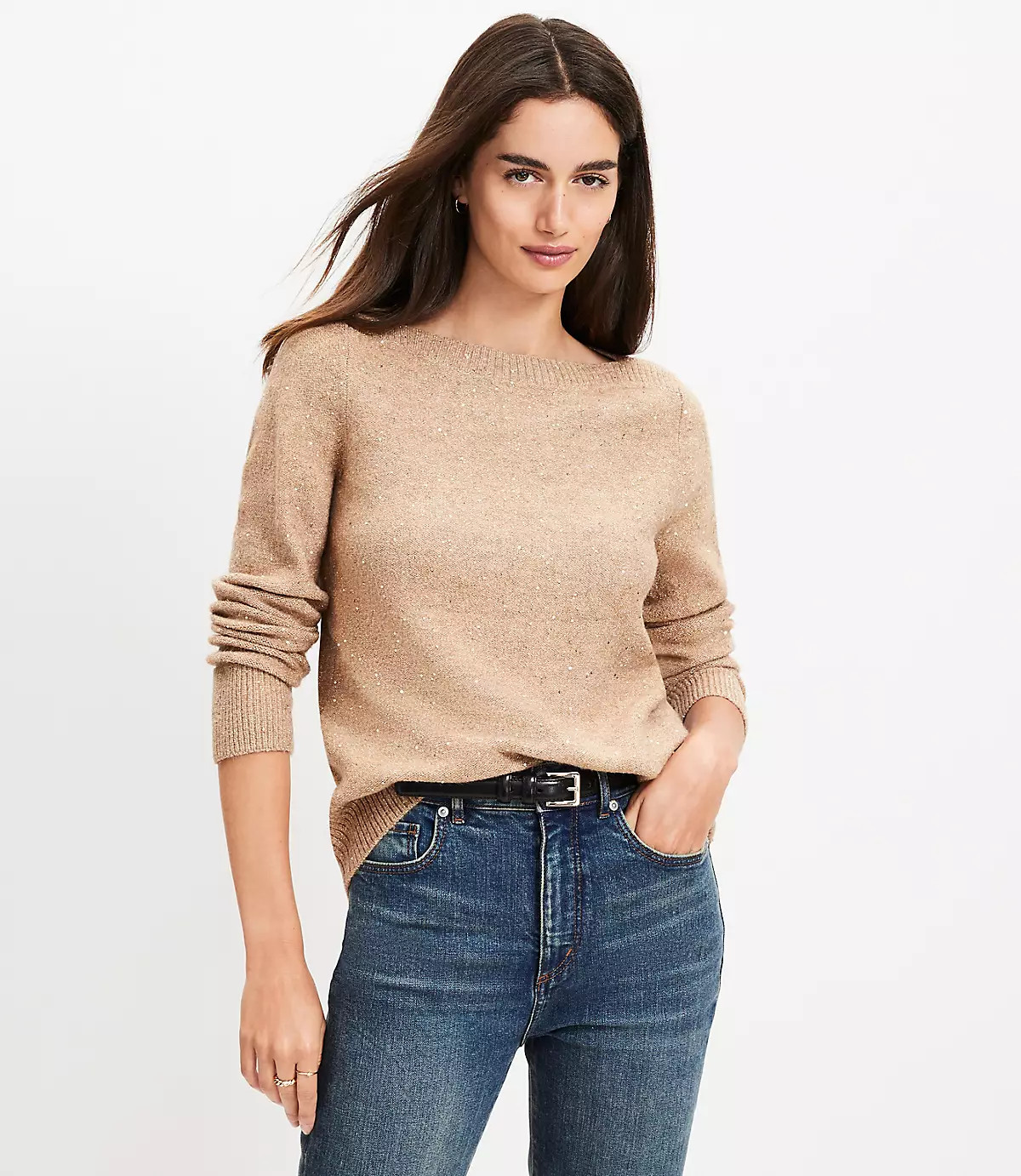Sequin Boatneck Ribtrim Flare Sleeve Sweater | LOFT