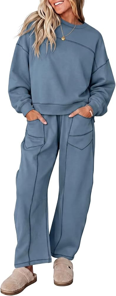 Fisoew Womens 2 Piece Lounge Sets Long Sleeve Tops Wide Leg Pants 2026 Fall | Amazon (US)