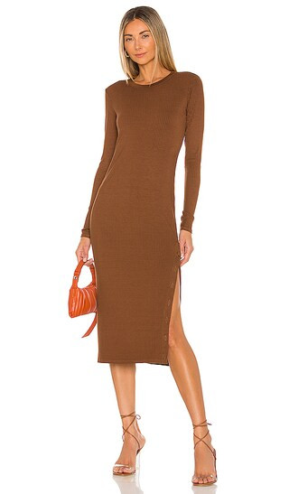 Rib Crewneck Button Midi Dress in Mahogany | Revolve Clothing (Global)