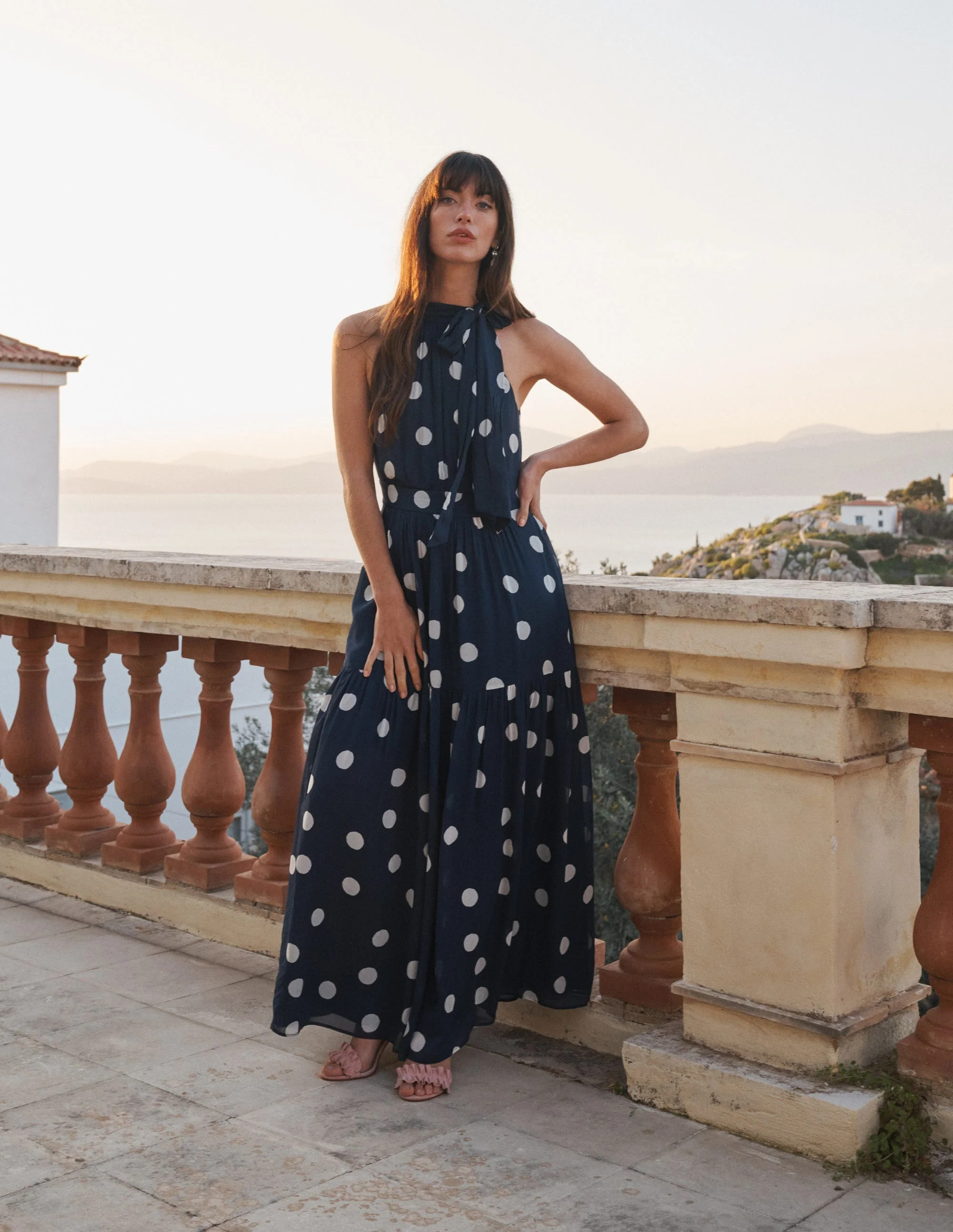 Roisin Tie Neck Maxi Dress-Navy Painted Dot Spaced | Boden (US)