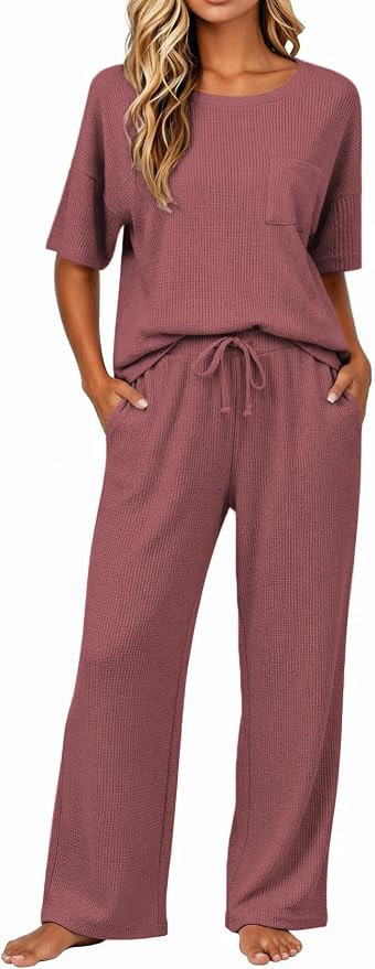 JiniGolla Womens Pajama Sets Waffle Knit Short Sleeve Shirt with Long Pajama Pants Soft Sleepwear... | Amazon (US)