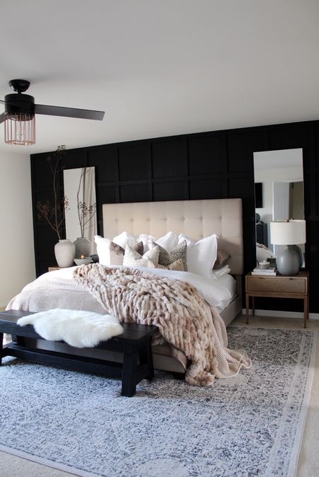 Bed, rug, lamp, ceiling fan, mirror, blanket 

#LTKGiftGuide #LTKHome #LTKStyleTip