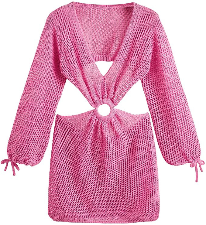 MakeMeChic Women's Crochet Cover Up Long Sleeve Knitted Swim Beach Cover Up Dress Swimwear | Amazon (US)