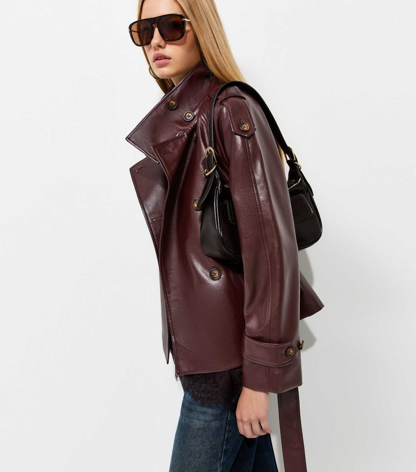 Dark Burgundy Faux Leather Funnel Neck Belted Jacket | New Look | New Look (UK)