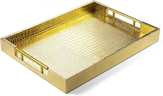 17"x12" Leather Serving Tray, Gold Handle Vanity Platter, Gold | Rectangle Ottoman Decor Tray, Po... | Amazon (US)
