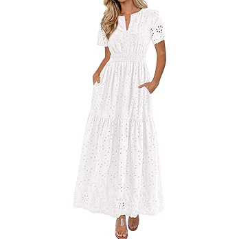 PRETTYGARDEN Womens Summer Maxi Dress Short Sleeve V Neck Cotton Hollow Out A Line Beach Vacation... | Amazon (US)