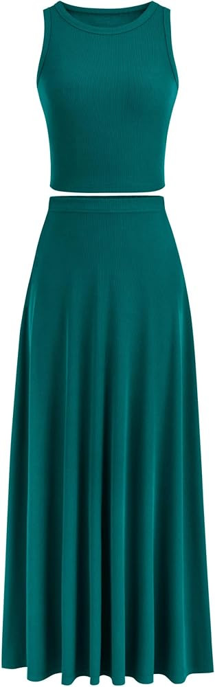 PRETTYGARDEN Women's 2 Piece Maxi Skirt Sets Casual Summer Knit Cropped Tank Top High Waisted Lon... | Amazon (US)