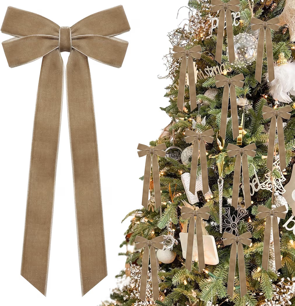 12Pcs Neutral Velvet Ribbon Bows Christmas Tree Decorations,5in x 10in Vintage Xmas Ornaments for... | Amazon (US)