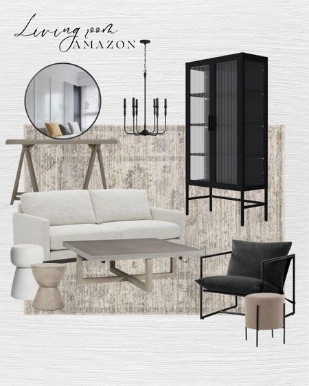 Amazon home living room furniture. Coffee table. White sofa. Tall cabinet black. Black accent chair modern. Modern side table white. Round mirror. Wooden console table rustic. 

#LTKHolidaySale #LTKhome #LTKsalealert