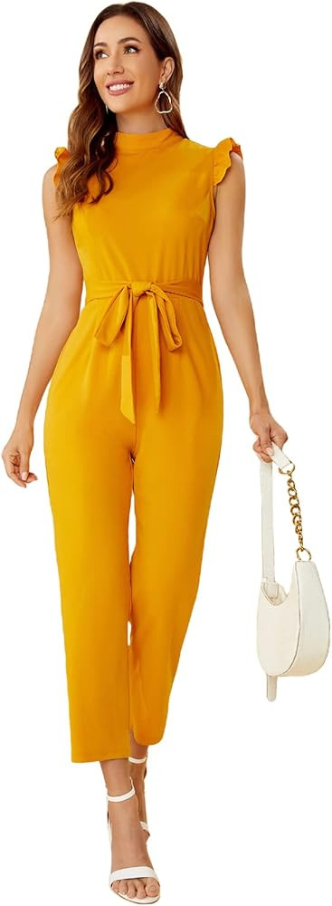 WDIRARA Women's Sleeveless Mock Neck Ruffle Trim Belted Cropped Jumpsuit Romper | Amazon (US)