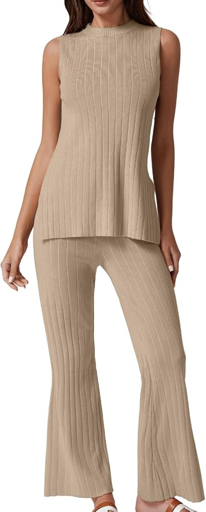 QINSEN Lounge Sets for Women Two Piece Outfits Knit Sleeveless Vented Hemline Tops Wide Leg Pants... | Amazon (US)