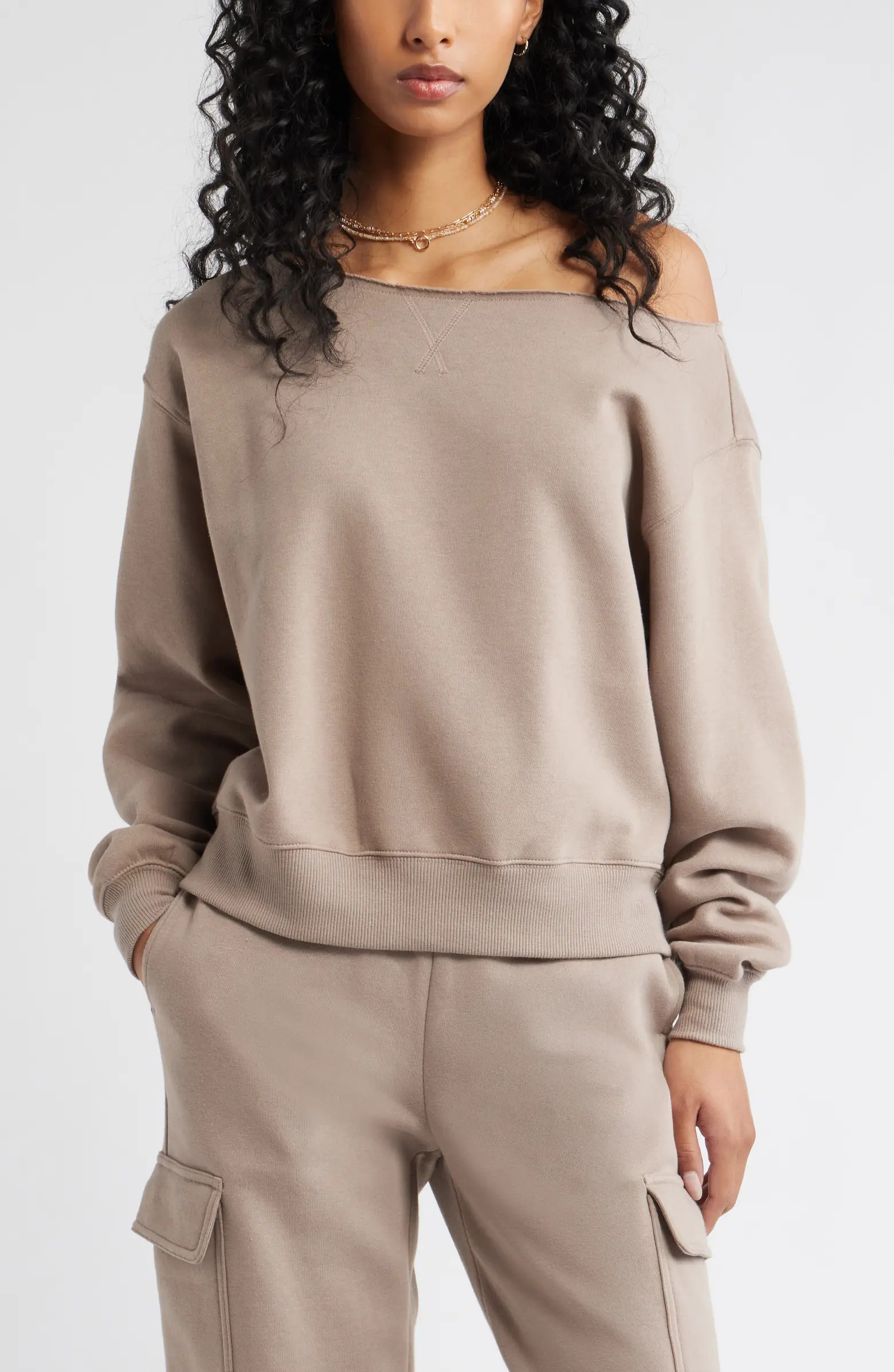 Fleece Detail Off the Shoulder Sweatshirt | Nordstrom