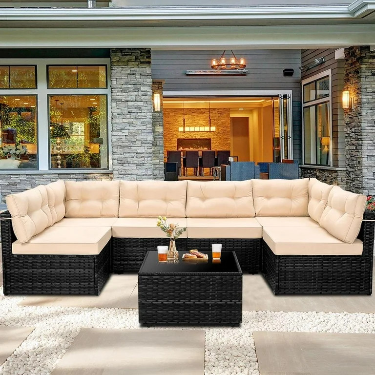 7 Piece Rattan Sectional Sofa Set, Outdoor Conversation Set, All-Weather Wicker Sectional Seating... | Walmart (US)