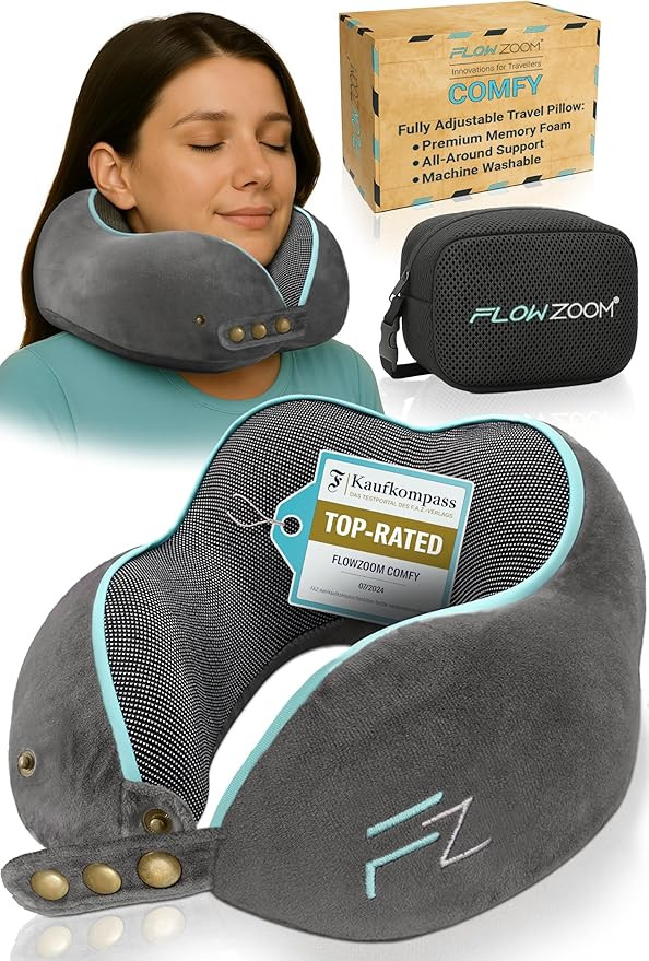 FLOWZOOM Comfy Memory Foam Travel Pillow for Airplane & Car – Adjustable Neck Cushion with 360... | Amazon (UK)