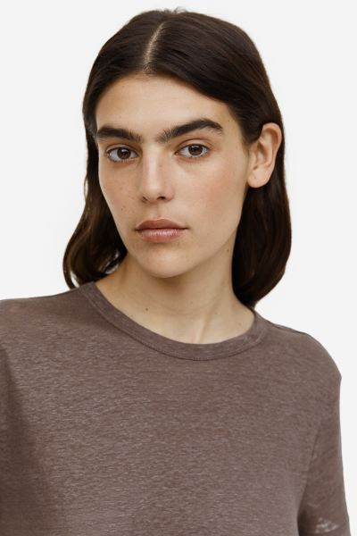 Linen T-shirt - Brown marl - Ladies | H&M GB | H&M (UK, MY, IN, SG, PH, TW, HK)