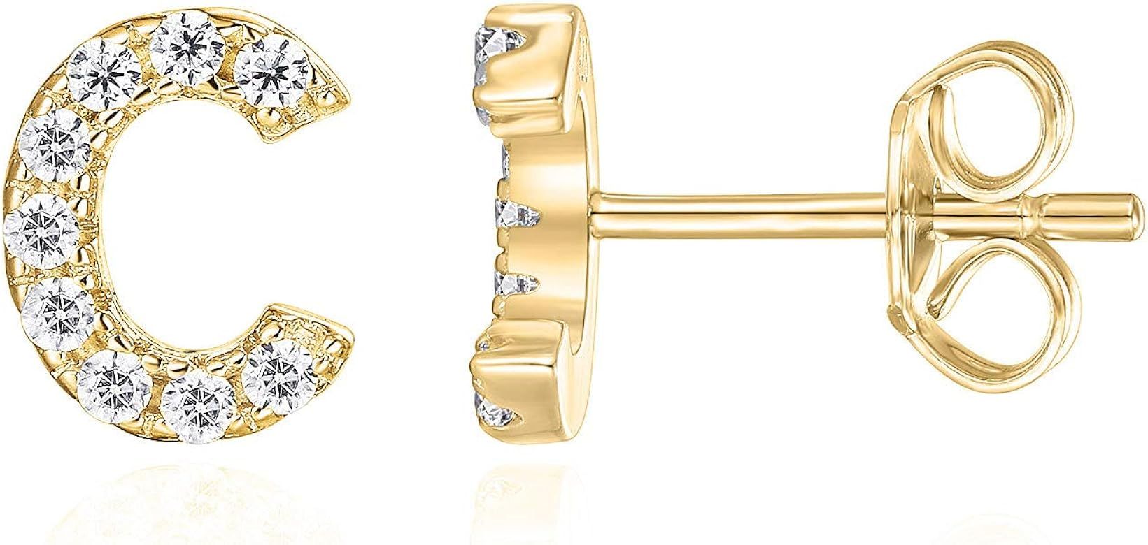 PAVOI 925 Sterling Silver, 14K Gold Plated, CZ Simulated Diamond Stud Earrings Fashion Alphabet L... | Amazon (US)