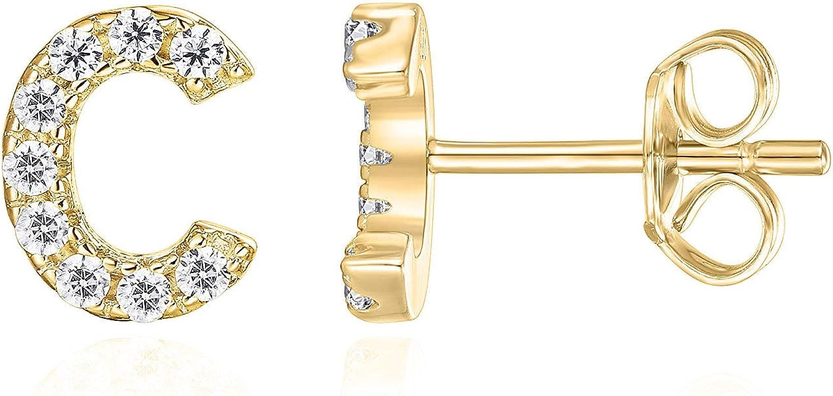 PAVOI 925 Sterling Silver, 14K Gold Plated, CZ Simulated Diamond Stud Earrings Fashion Alphabet L... | Amazon (US)