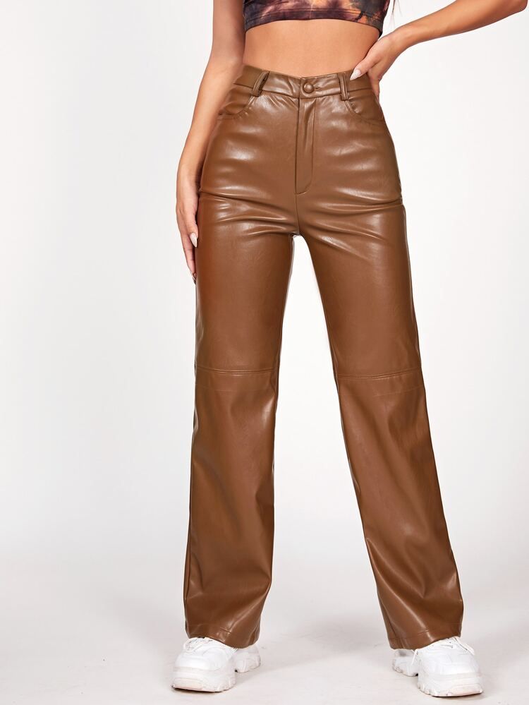 SHEIN PETITE Solid PU Leather Straight Leg Pants | SHEIN