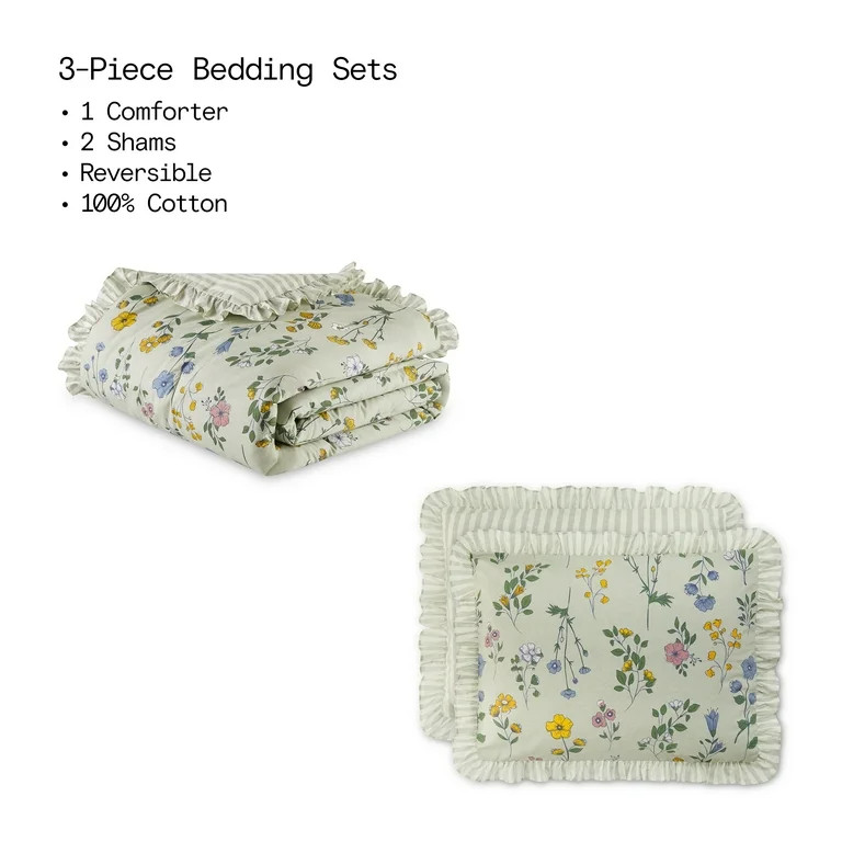 Beautiful 100% Cotton Botanical 3-Piece Sage Green Comforter Set, Full/Queen by Drew Barrymore - ... | Walmart (US)