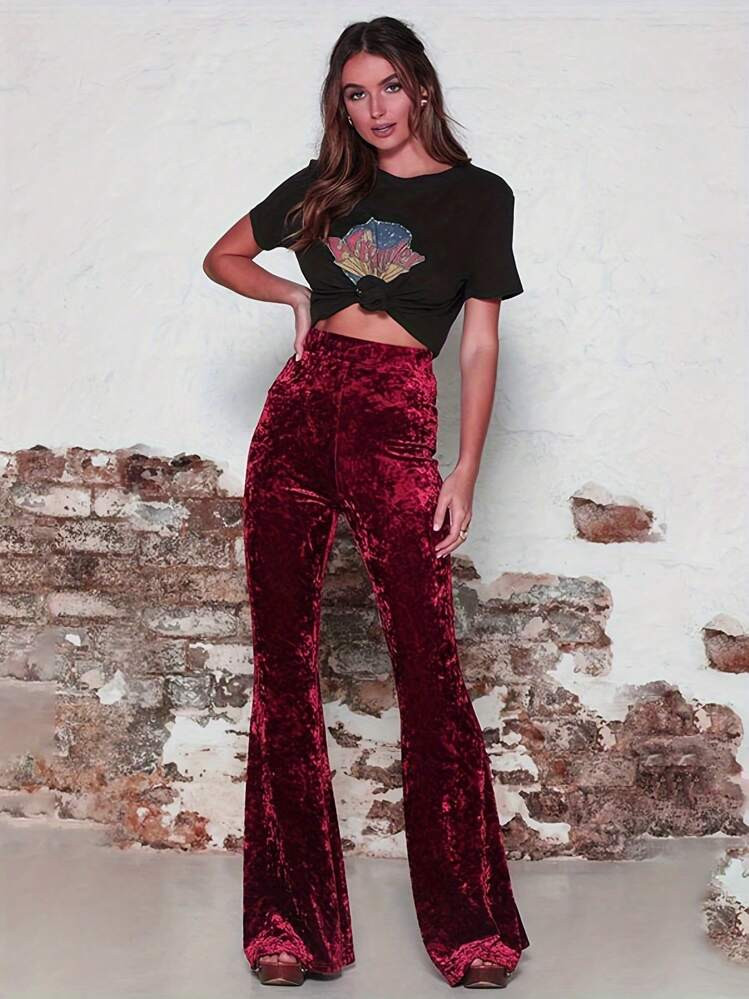 Women Velvet Flared Trousers, Solid Color High Waist Wide Leg Long Pants, Stretchy Bell Bottoms For Fall, Winter | SHEIN