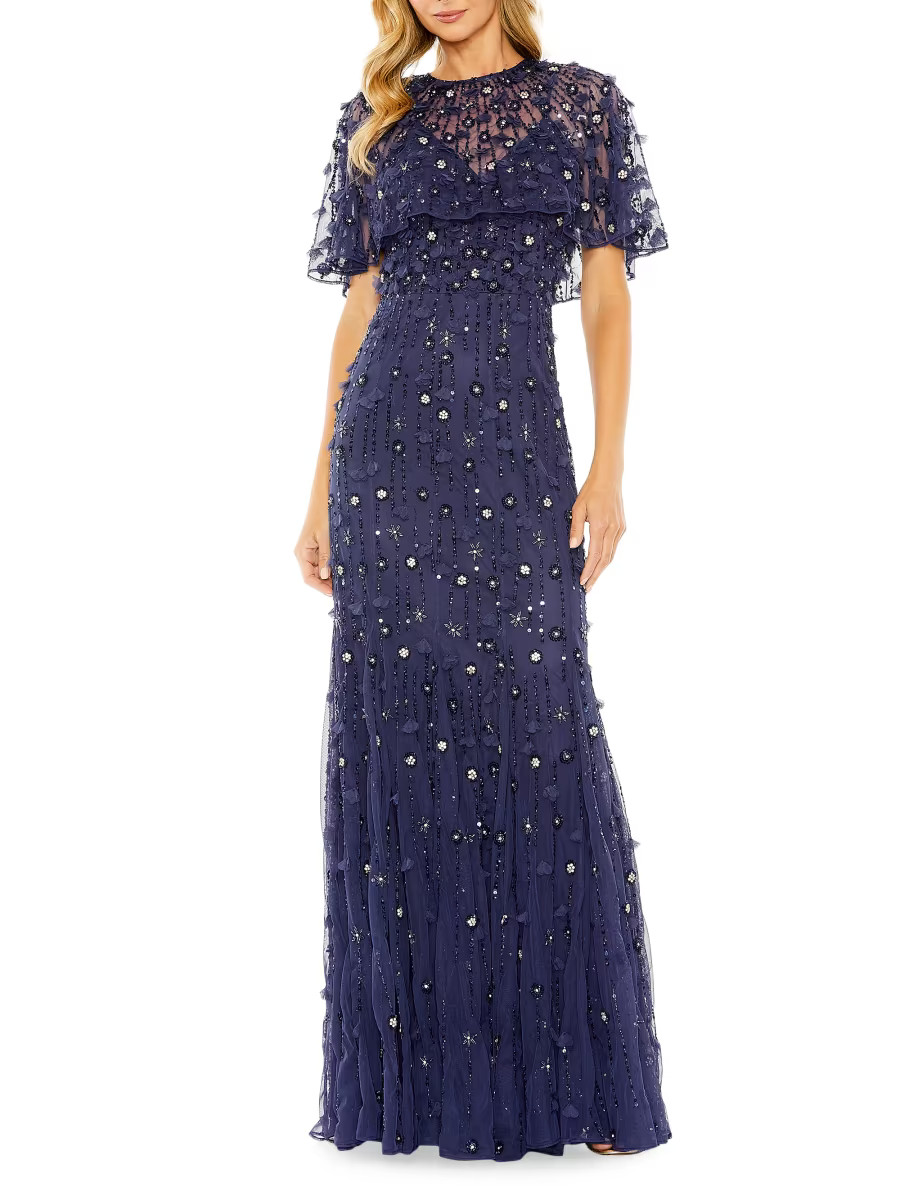 Embellished Illusion Cape-Sleeve Trumpet Gown | Saks Fifth Avenue