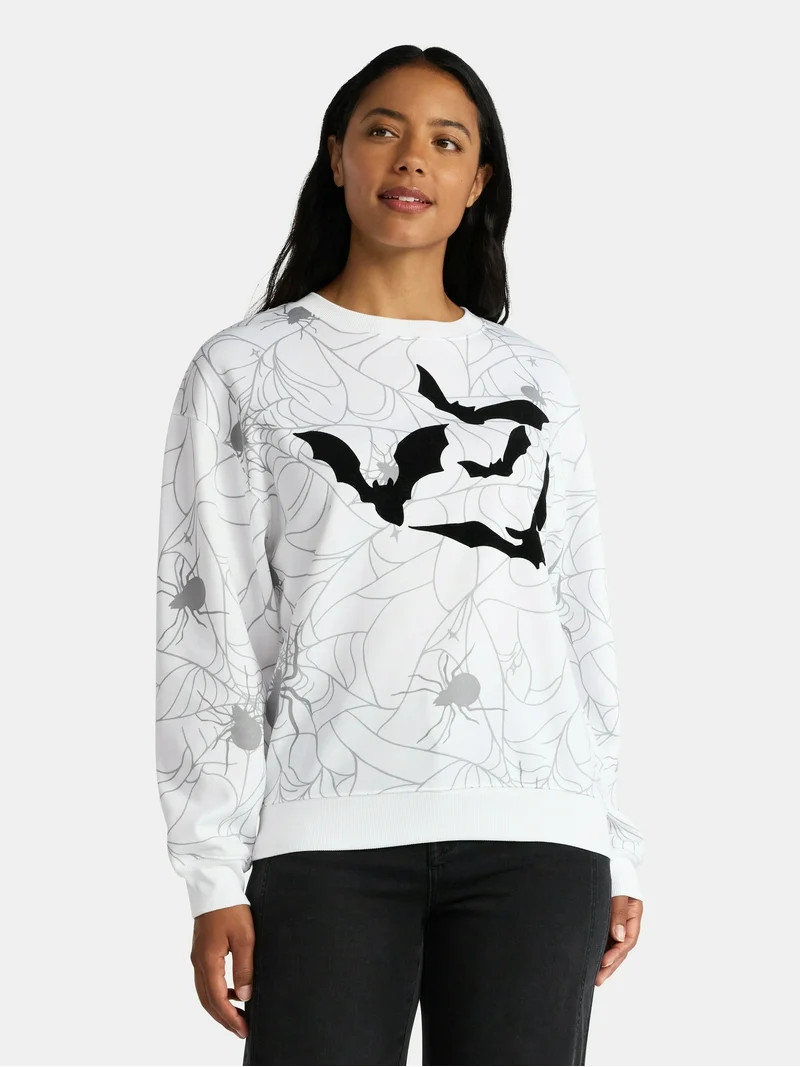 Halloween Women's Spiders and Bats Print Sweatshirt with Long Sleeves, Sizes XXS-XXL | Walmart (US)