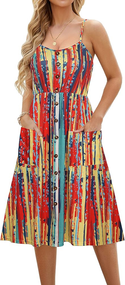 Summer Casual Dresses for Women with Pockets Beach Floral Spaghetti Strap Swing Dress | Amazon (US)