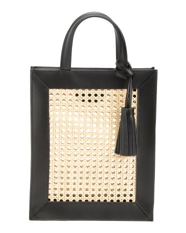 Made In Italy Leather Trim Cane Tote With Tassel | TJ Maxx