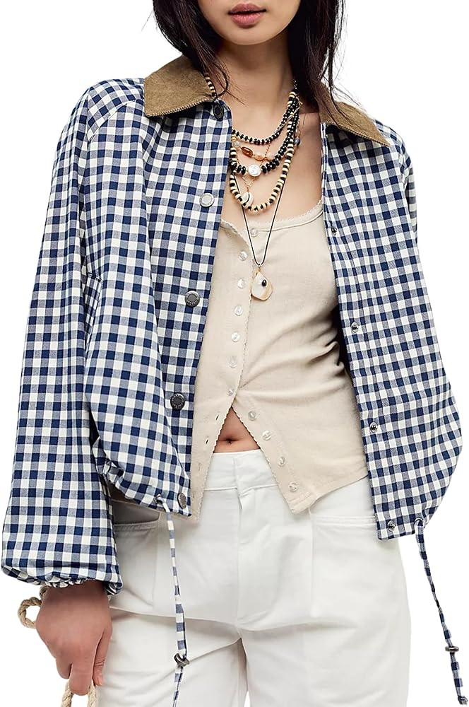 Women's Cropped Jacket Gingham Plaid Corduroy Collar Bomber Jacket     Snap Button Closure, Adjus... | Amazon (US)
