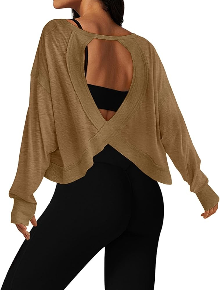 UNIANKIYA Open Back Workout Tops for Women Long Sleeve Cropped Athletic Clothes Gym Running Yoga ... | Amazon (US)