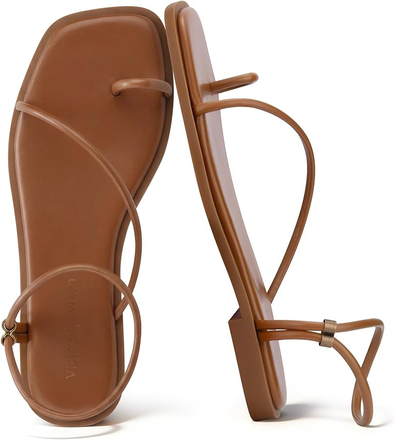 Womens Flats Loop Sandals Square Toe Strappy Ankle Strap Summer Flat | Amazon (US)